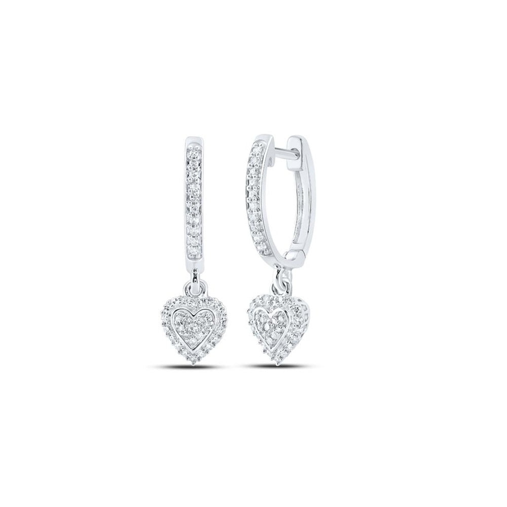 10K White Gold Heart-Drop Hoop Earrings with Prong-Set Round Diamonds - 1/4 Carat Total Diamond Weight