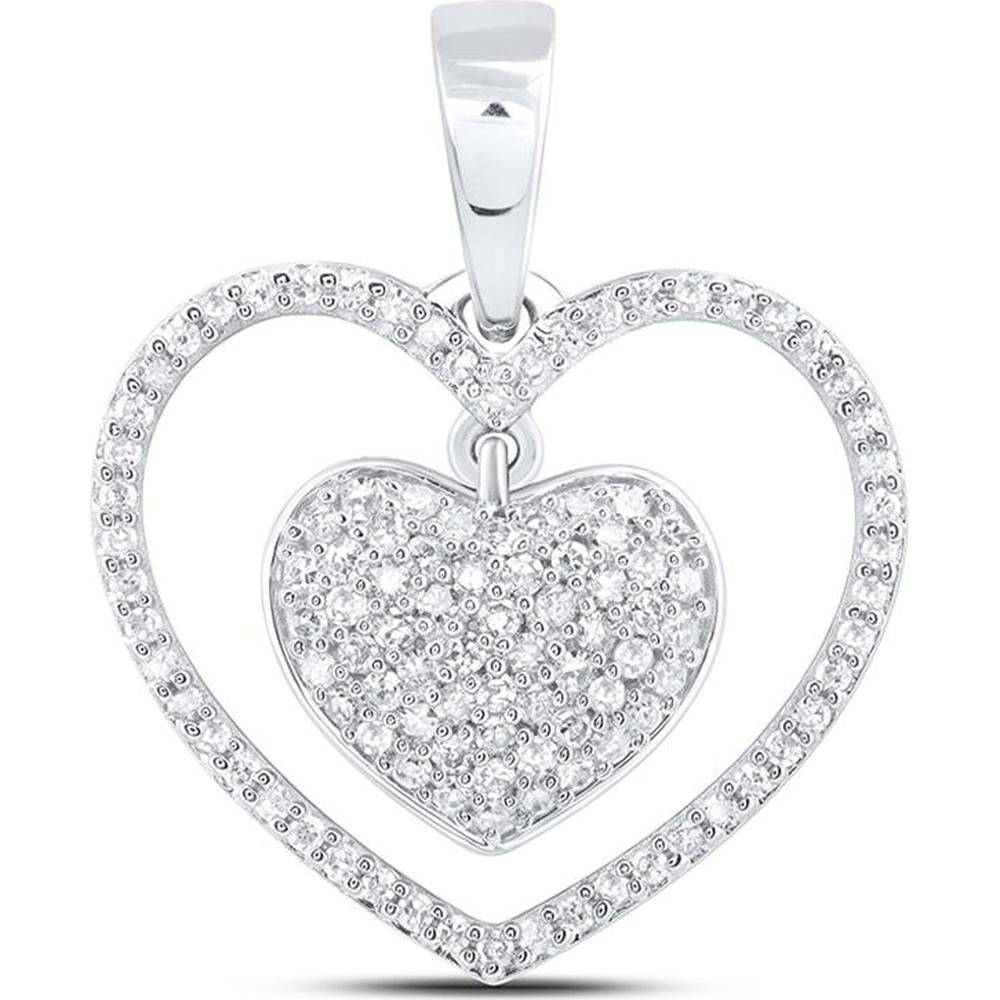 10K White Gold Heart Pendant with Floating Pavé Round Diamonds - 0.31 Carat Total Diamond Weight