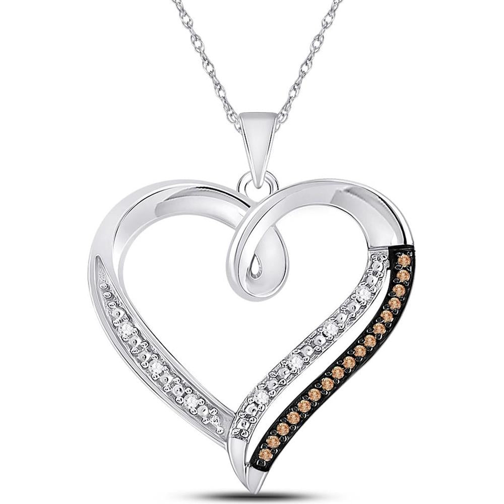 10K White Gold Heart Pendant with Round Brown and White Diamonds - 1/6 Carat Total Diamond Weight