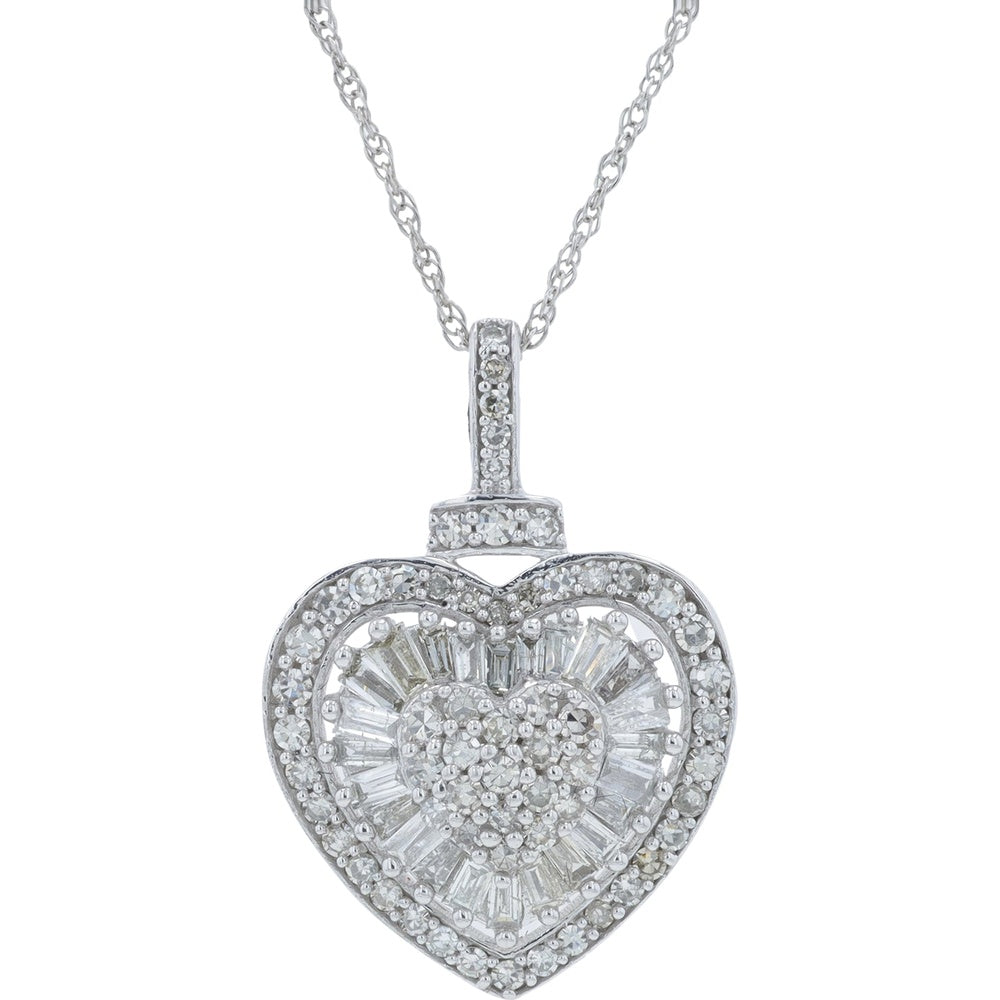 10K White Gold Heart Pendant with Sunburst Halo of Round and Baguette Diamonds - 0.50 Carat Total Diamond Weight