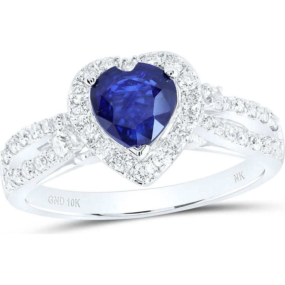 10K White Gold Heart Shaped Blue Sapphire and Diamond Ring - 1.34 Carat Total Gem Weight