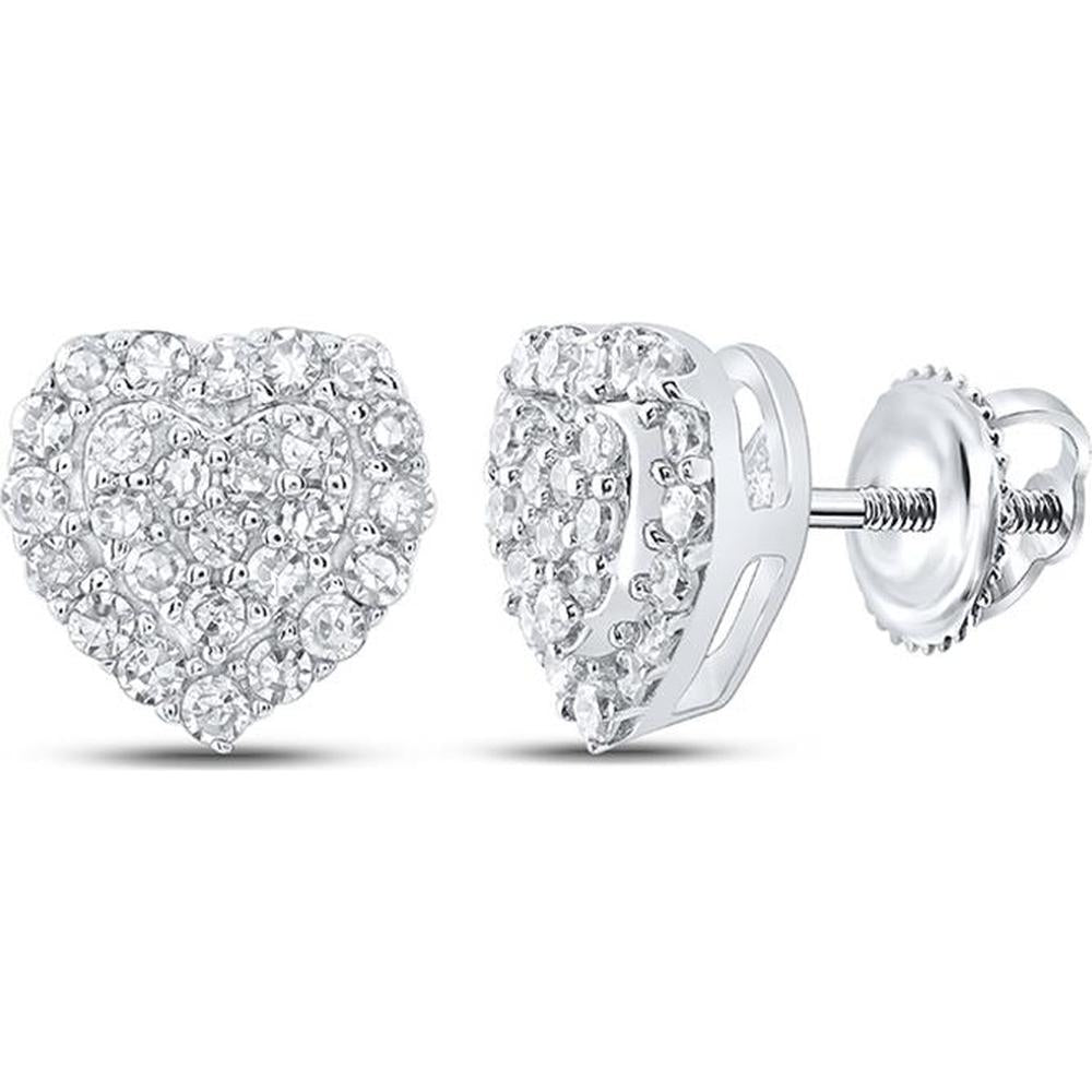 10K White Gold Heart-Shaped Diamond Cluster Stud Earrings with Prong Set Round Diamonds - 1/6 Carat Total Diamond Weight
