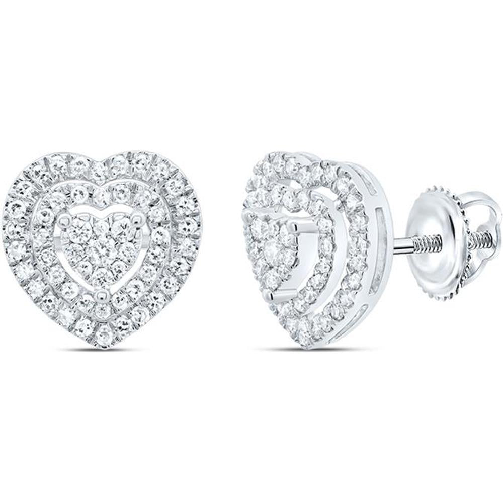 10K White Gold Heart-Shaped Diamond Halo Stud Earrings - 1/3 Carat Total Diamond Weight