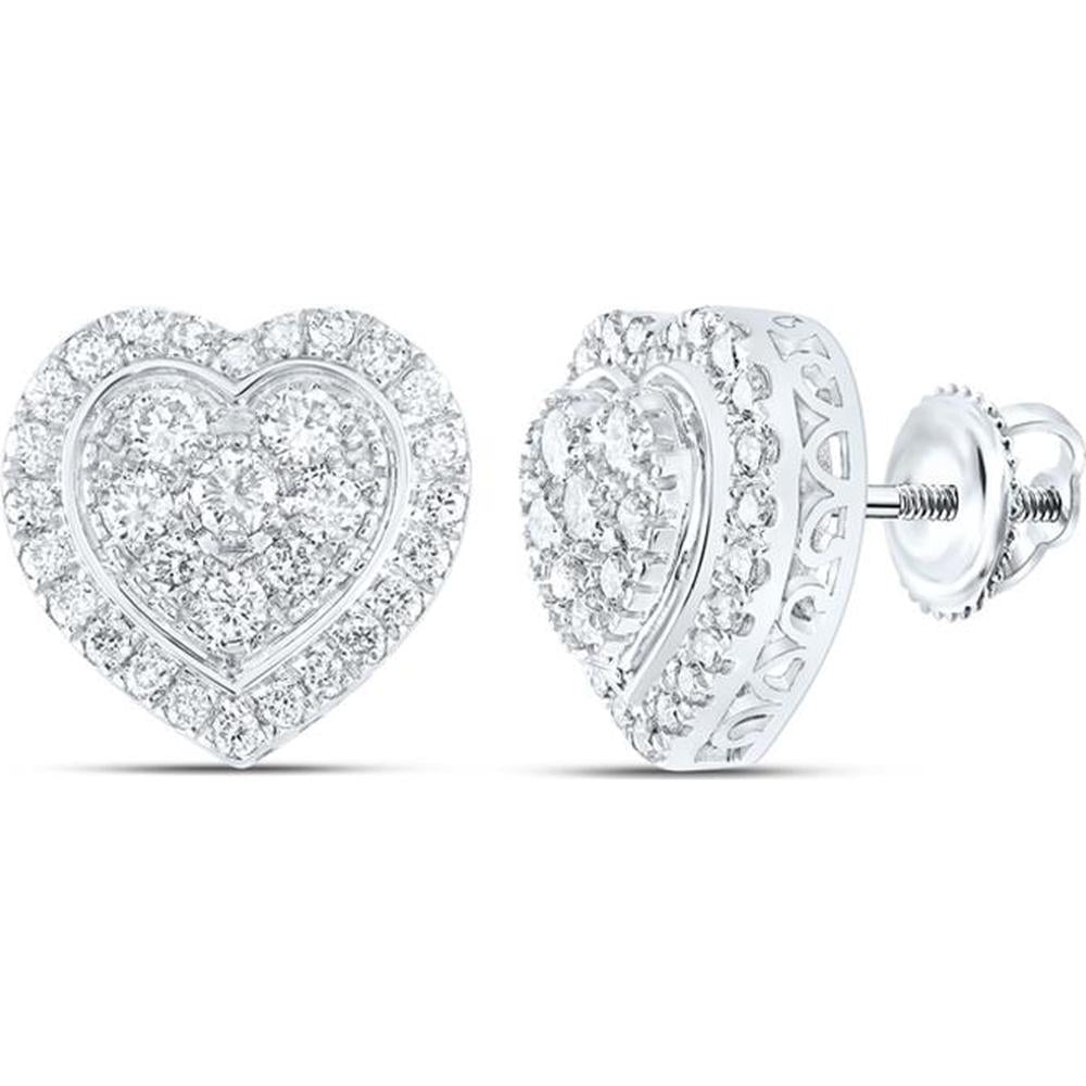 10K White Gold Heart-Shaped Halo Stud Earrings with Prong-Set Round Diamonds - 1.25 Carat Total Diamond Weight