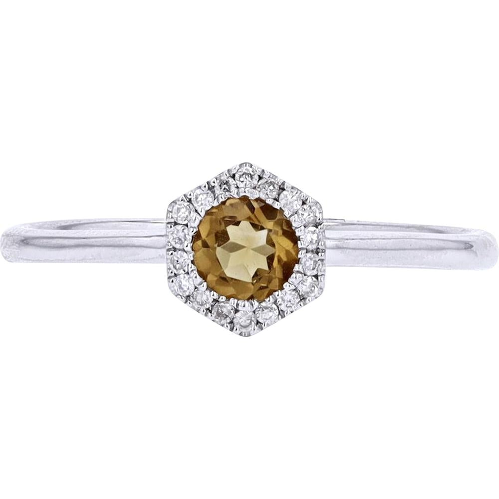 10K White Gold Hexagon Halo Citrine Ring with Diamond Accents - 0.06 Carat Total Diamond Weight