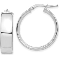 10K White Gold High Polished 7mm Hoop Earrings with Rhodium Plating - Pair