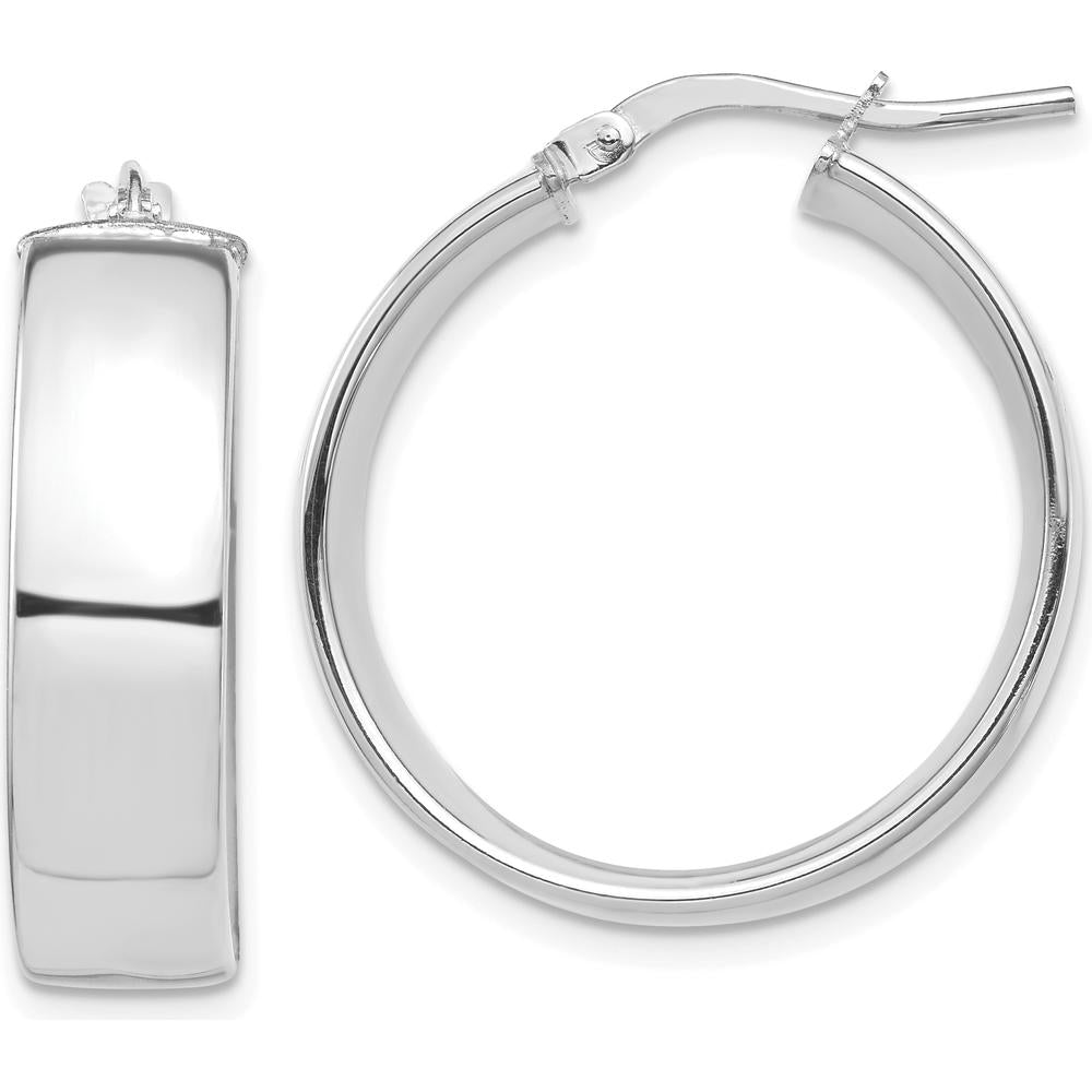 10K White Gold High Polished 7mm Hoop Earrings with Rhodium Plating - Pair