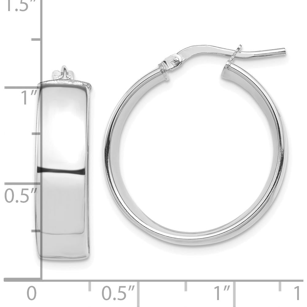 10K White Gold High Polished 7mm Hoop Earrings with Rhodium Plating - Pair