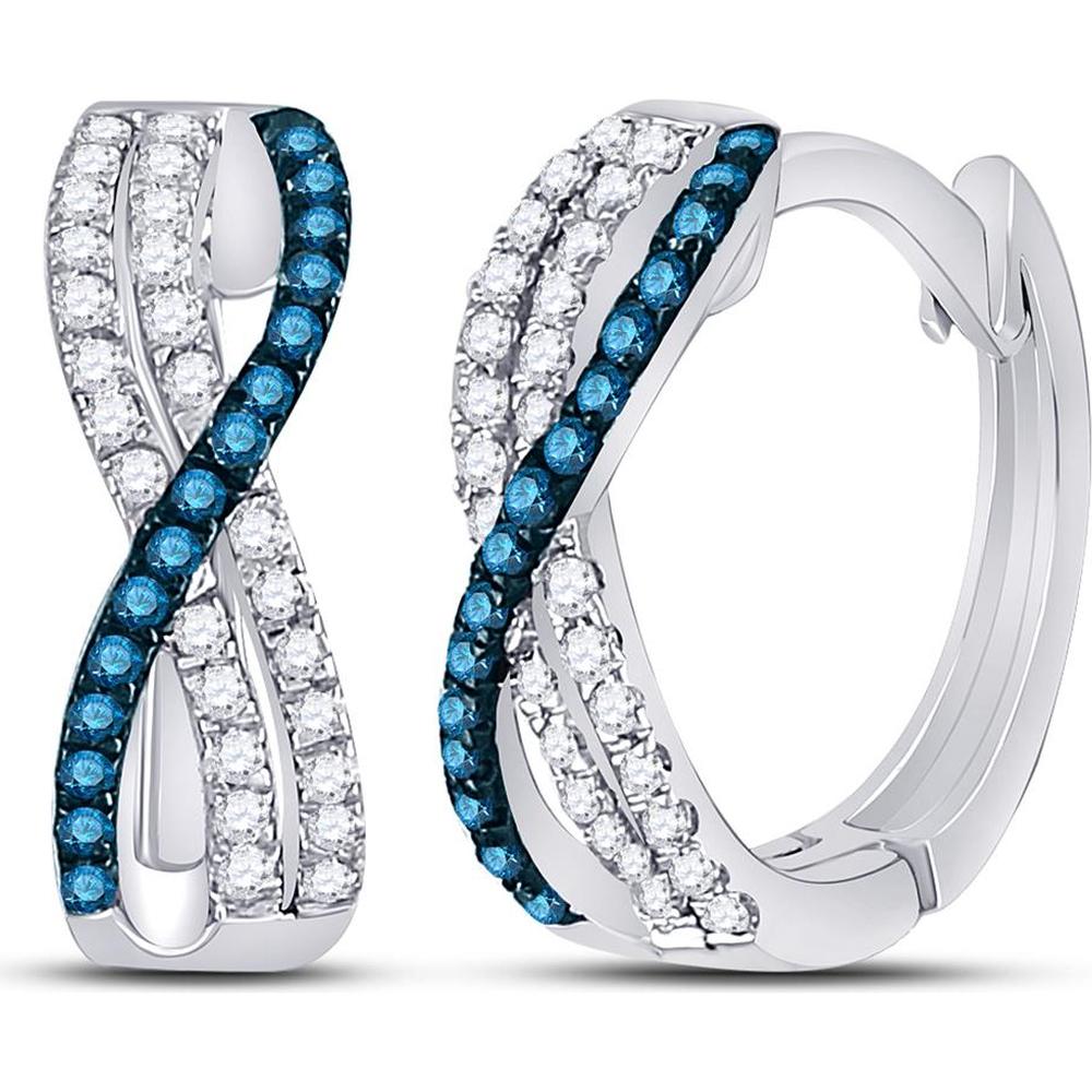10K White Gold Hinged Hoop Earrings with Pavé-Set Blue Diamonds 0.09 Carat and White Diamonds 0.16 Carat Total Weight