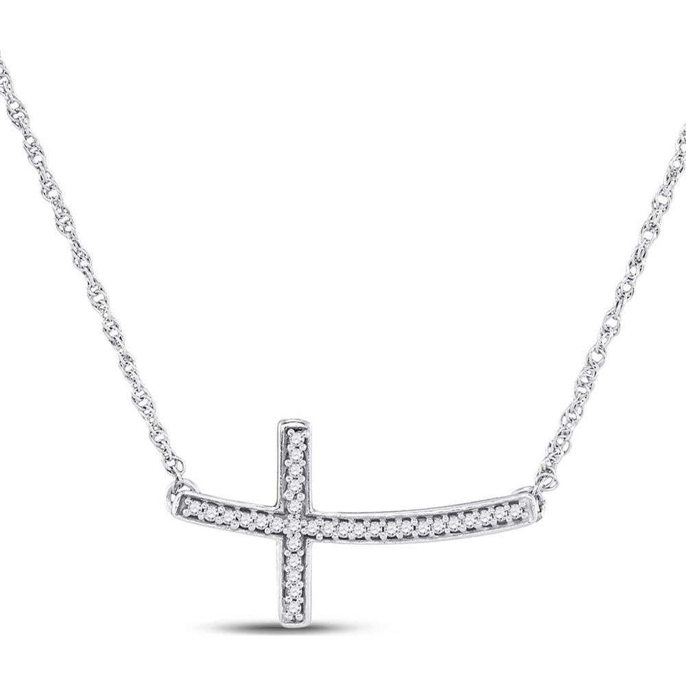10K White Gold Horizontal Cross Necklace with Prong-Set Round Diamonds - 0.10 Carat Total Diamond Weight