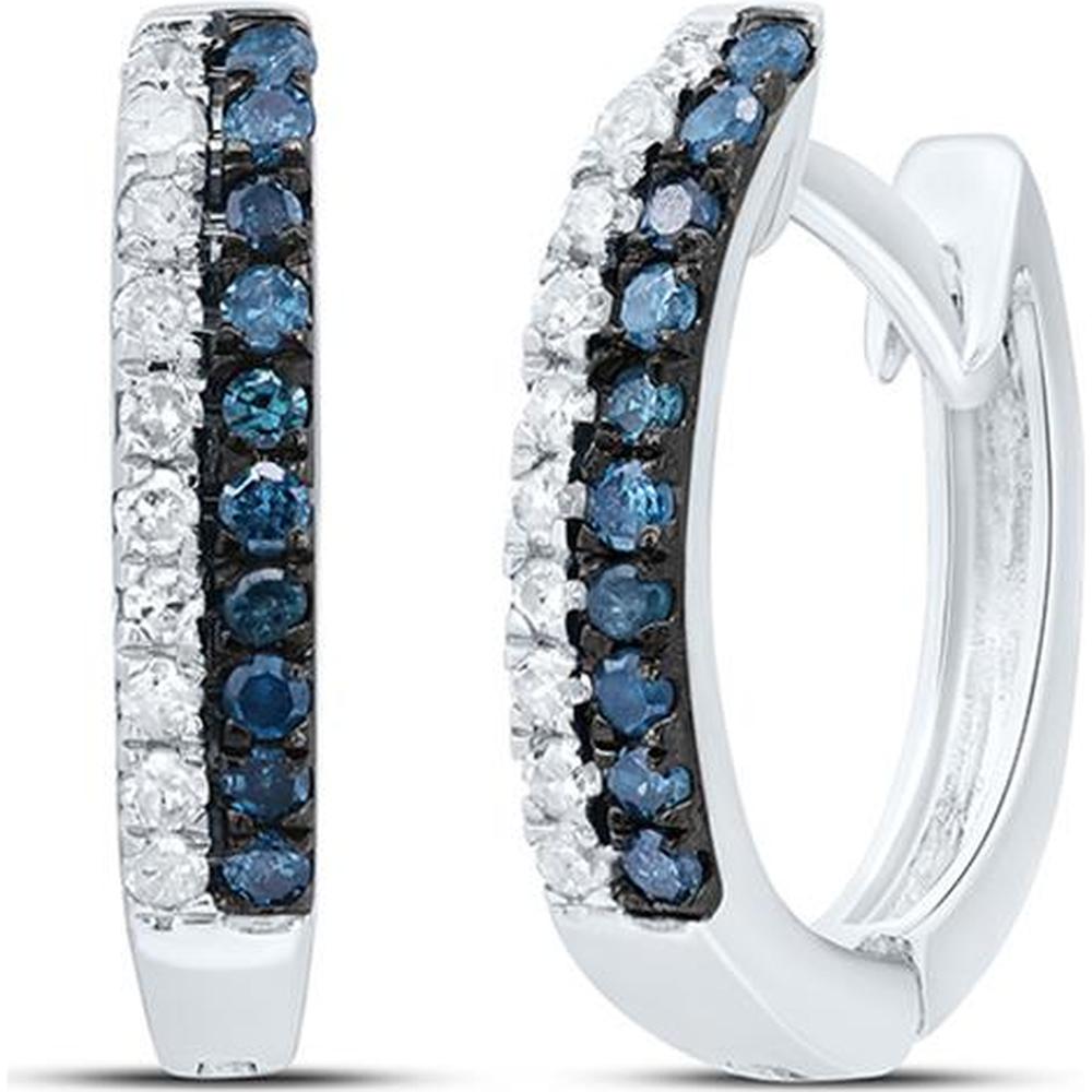10K White Gold Huggie Earrings with Round Blue Diamonds 0.10 Carat and White Diamonds 0.10 Carat Total Weight
