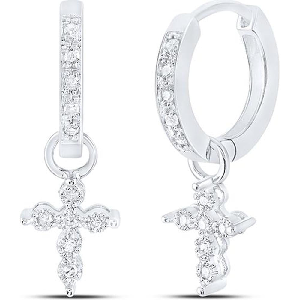 10K White Gold Huggie Hoop Earrings with Pave-Set Round Diamonds and Cross Dangles - 1/8 Carat Total Diamond Weight