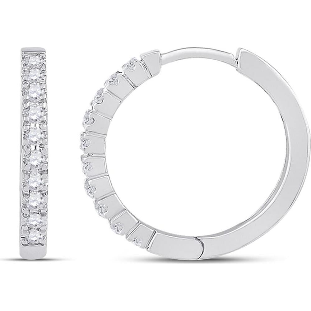 10K White Gold Huggie Hoop Earrings with Prong Set Round Diamonds - 1/4 Carat Total Diamond Weight