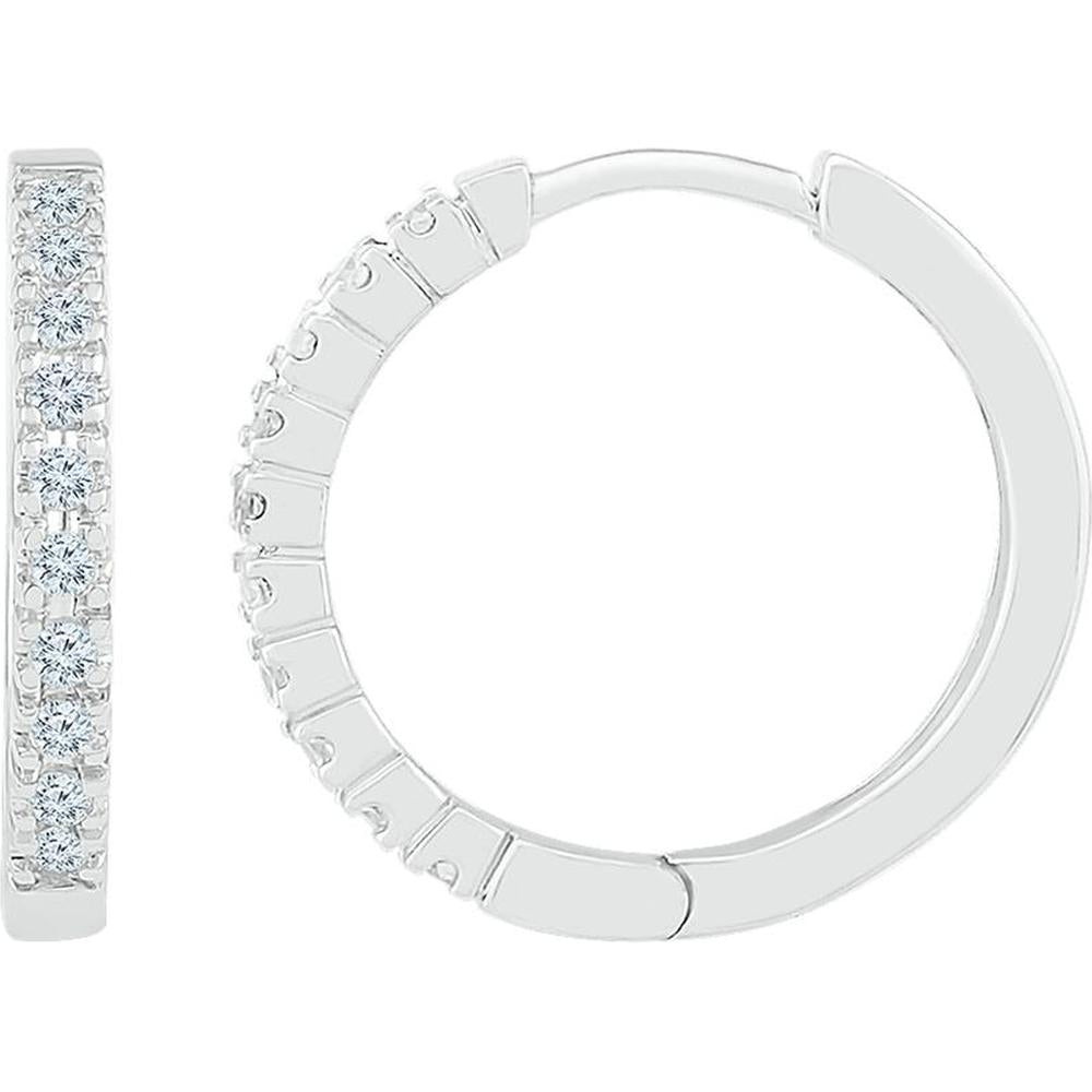 10K White Gold Huggie Hoop Earrings with Prong Set Round Diamonds - 1/4 Carat Total Diamond Weight