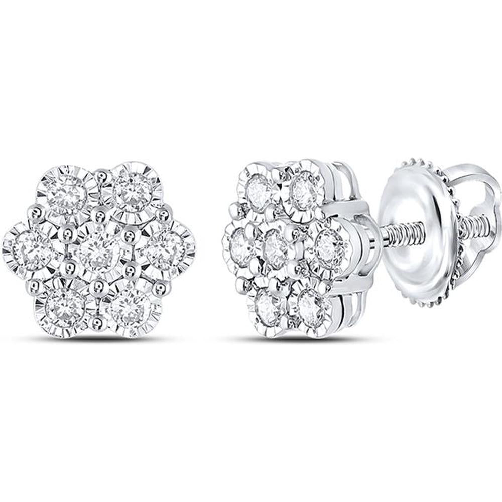 10K White Gold Illusion-Set Round Diamond Cluster Stud Earrings with Screw Backs - 1/3 Carat Total Diamond Weight
