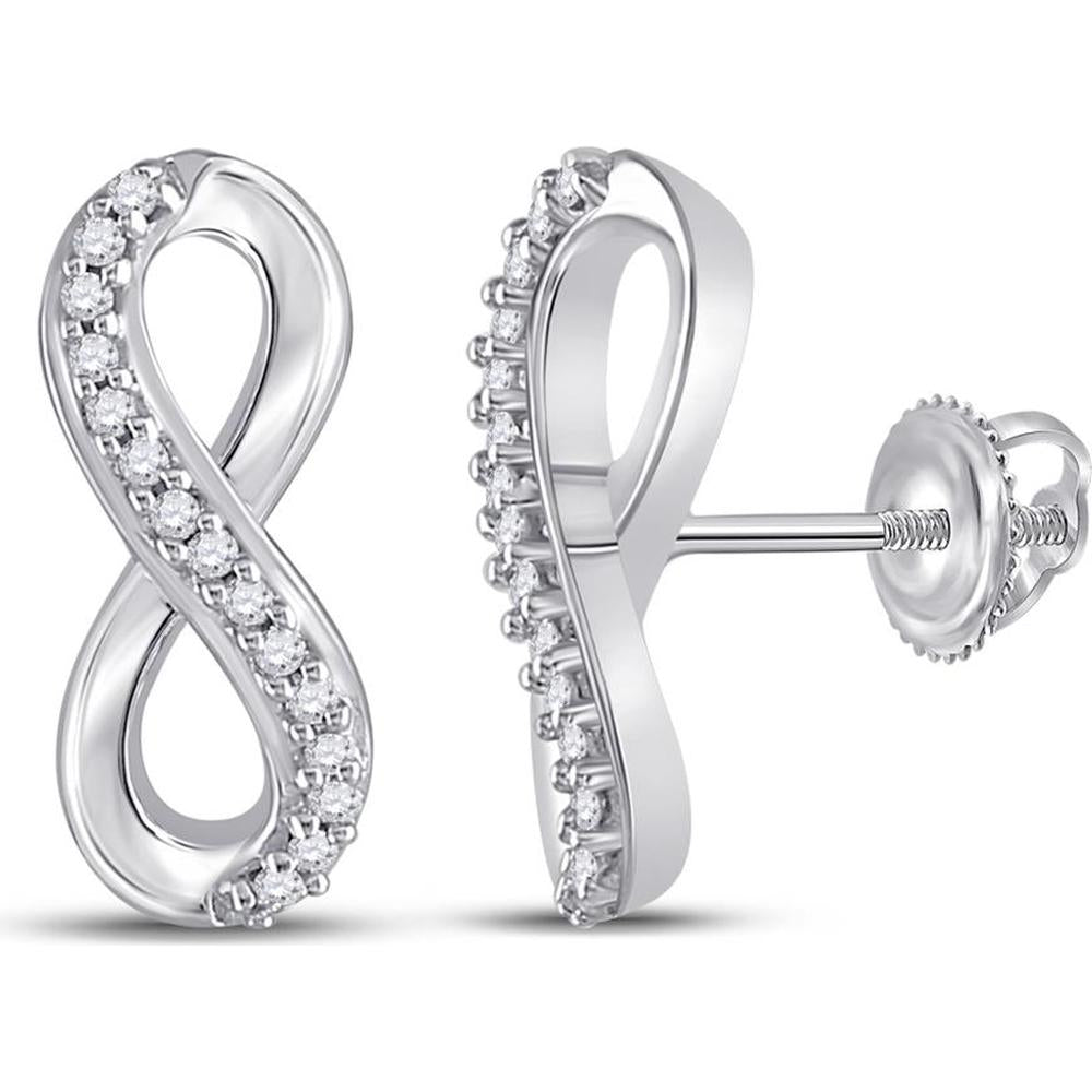10K White Gold Infinity Stud Earrings with Prong-Set Round Diamonds - 1/20 Carat Total Diamond Weight