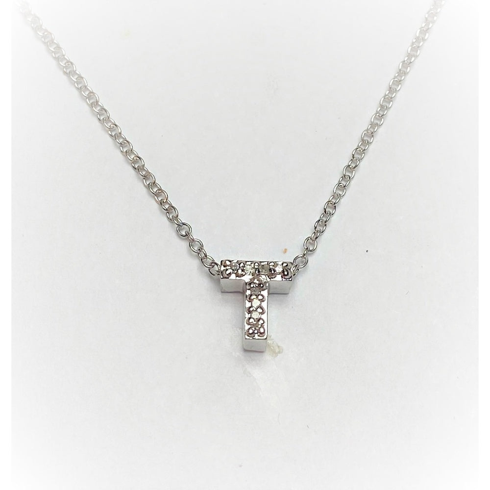 10K White Gold Initial "T" Pendant with Prong-Set Round Diamonds - 0.04 Carat Total Diamond Weight by Auriventus