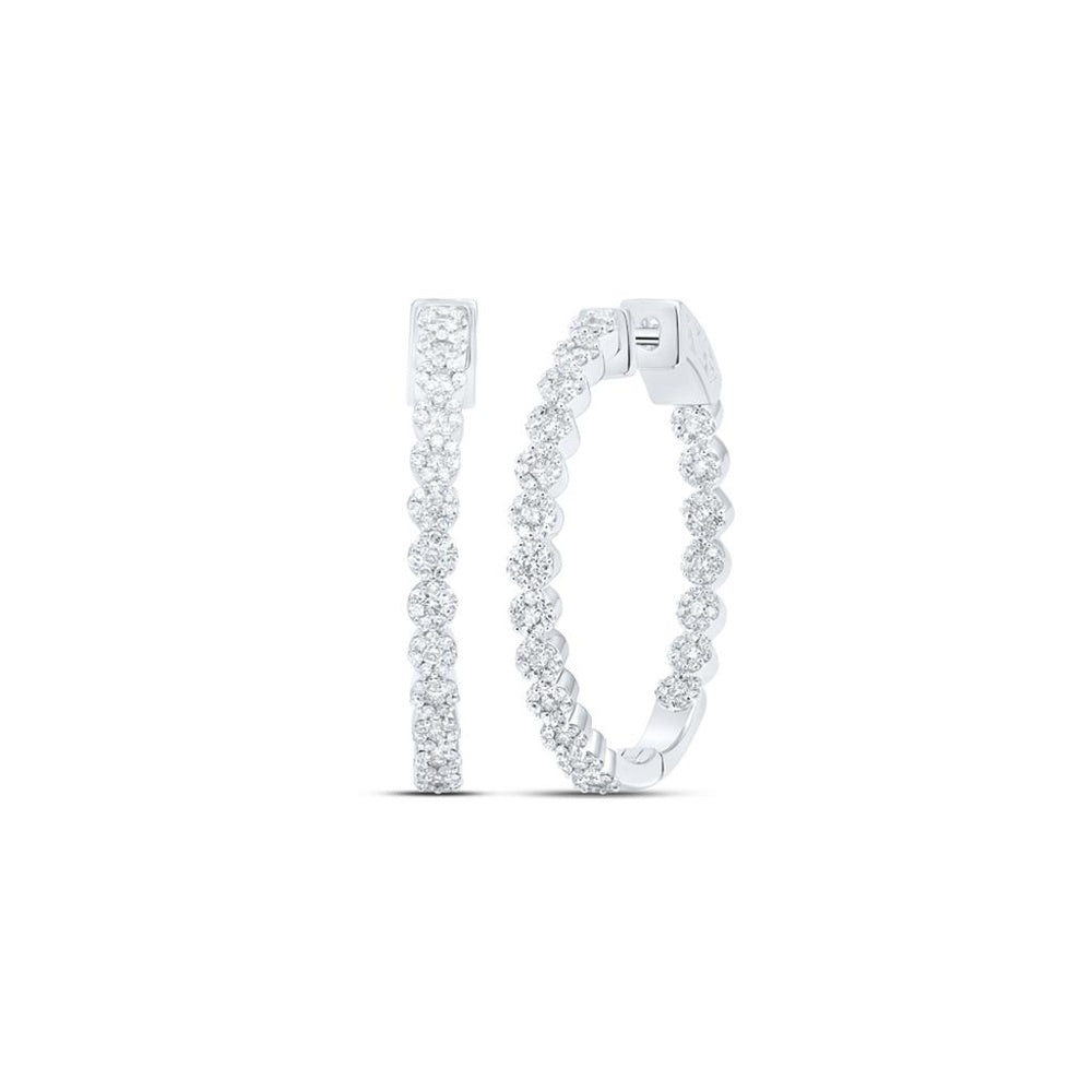 10K White Gold Inside-Outside Hoop Earrings with Prong-Set Round Diamonds - 1 Carat Total Diamond Weight