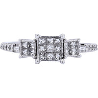 10K White Gold Invisible Set Princess Cut Diamond Cluster Ring with Channel Set Side Accents - 1/2 Carat Total Diamond Weight