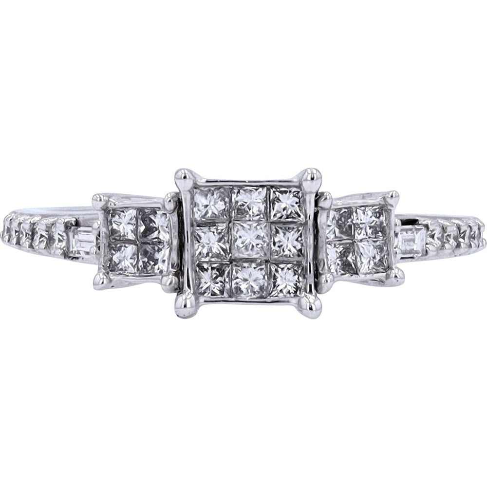 10K White Gold Invisible Set Princess Cut Diamond Cluster Ring with Channel Set Side Accents - 1/2 Carat Total Diamond Weight