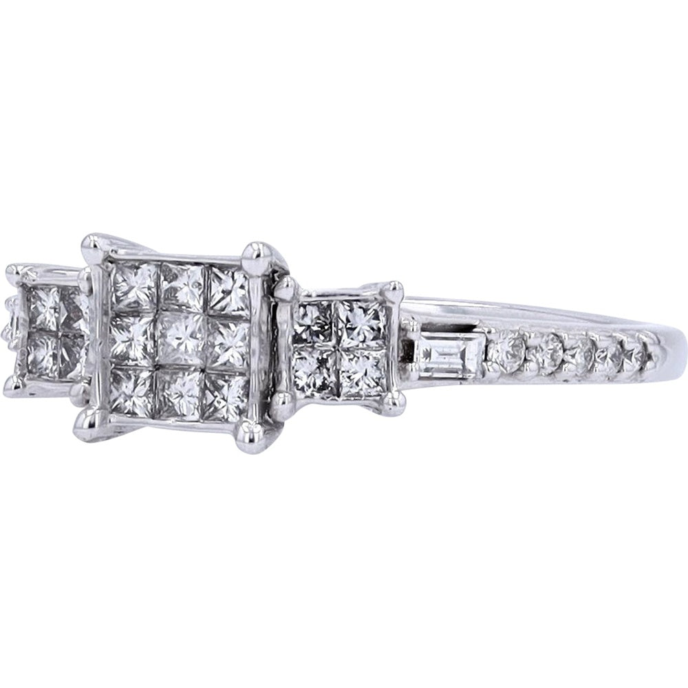 10K White Gold Invisible Set Princess Cut Diamond Cluster Ring with Channel Set Side Accents - 1/2 Carat Total Diamond Weight