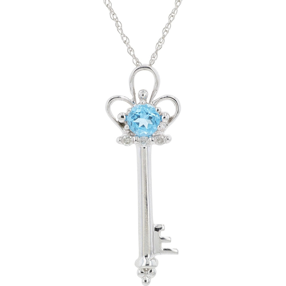 10K White Gold Key Pendant with Round London Blue Topaz and Diamond Accents - 0.03 Carat Total Diamond Weight