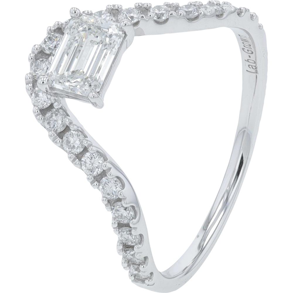 10K White Gold Lab Grown Diamond Ring with 1.00 Carat Emerald Cut Center and Round Diamond Accents