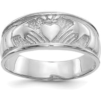 10K White Gold Ladies Claddagh Ring with Polished Finish and Rhodium Plating
