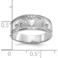 10K White Gold Ladies Claddagh Ring with Polished Finish and Rhodium Plating