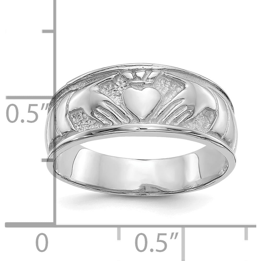 10K White Gold Ladies Claddagh Ring with Polished Finish and Rhodium Plating