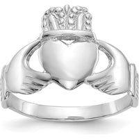 10K White Gold Ladies Claddagh Ring with Polished Finish and Textured Design