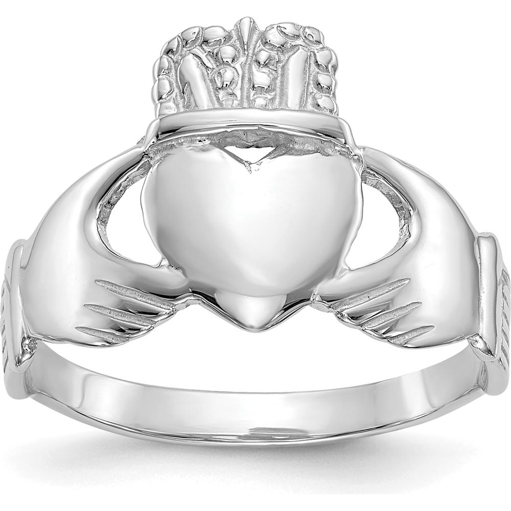 10K White Gold Ladies Claddagh Ring with Polished Finish and Textured Design