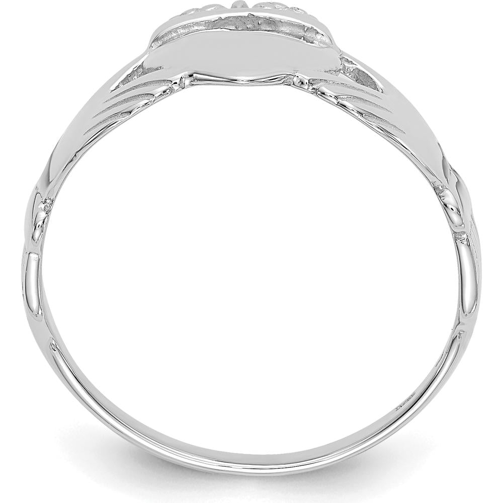 10K White Gold Ladies Claddagh Ring with Polished Finish and Textured Design
