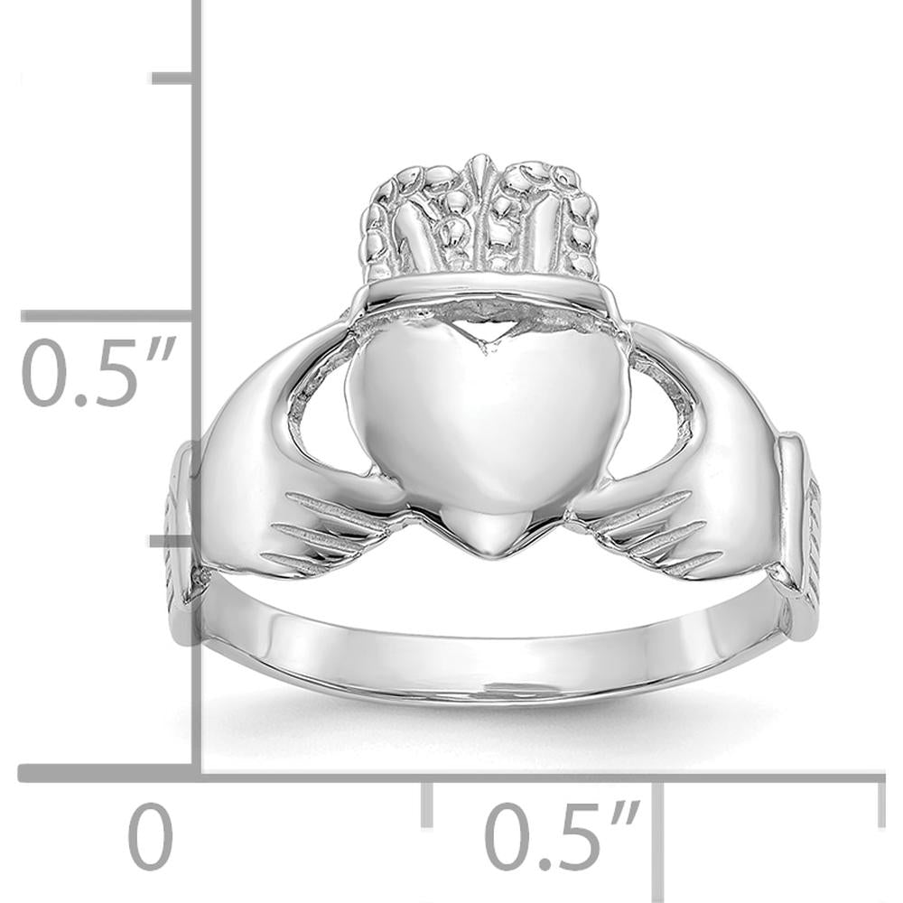 10K White Gold Ladies Claddagh Ring with Polished Finish and Textured Design