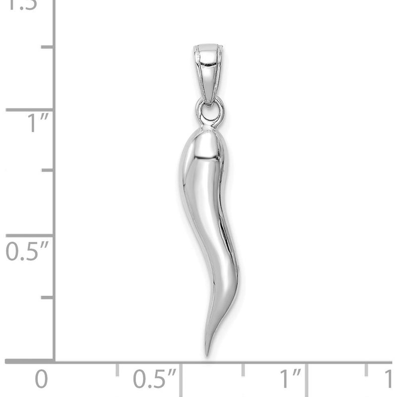 10K White Gold Large 3D Italian Horn Pendant - Polished Rhodium Finish