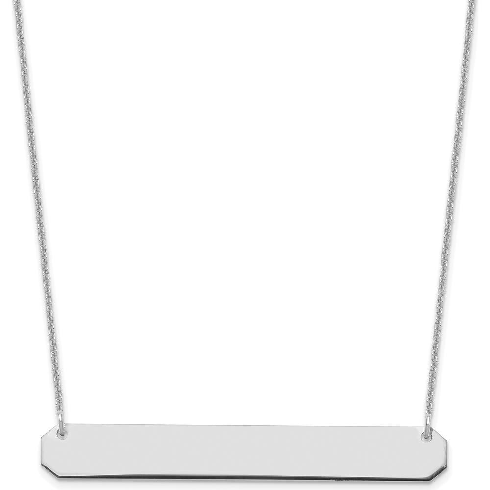 10K White Gold Large Bar Necklace with Engravable Pendant - Rhodium Plated 18" Cable Chain