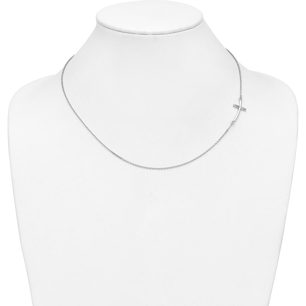 10K White Gold Large Sideways Curved Cross Necklace with Polished Finish and Rhodium Plating - 19" Cable Chain