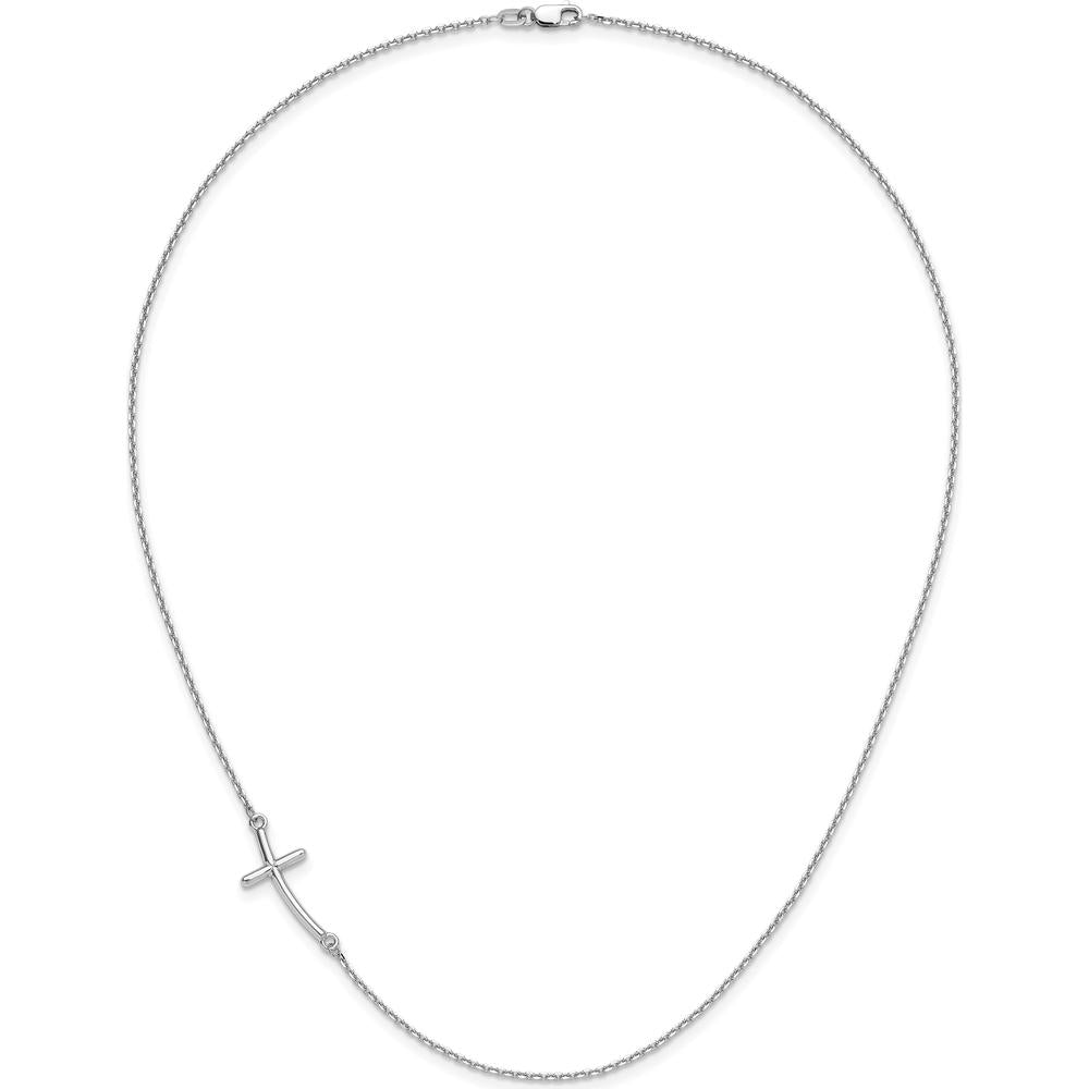 10K White Gold Large Sideways Curved Cross Necklace with Polished Finish and Rhodium Plating - 19" Cable Chain