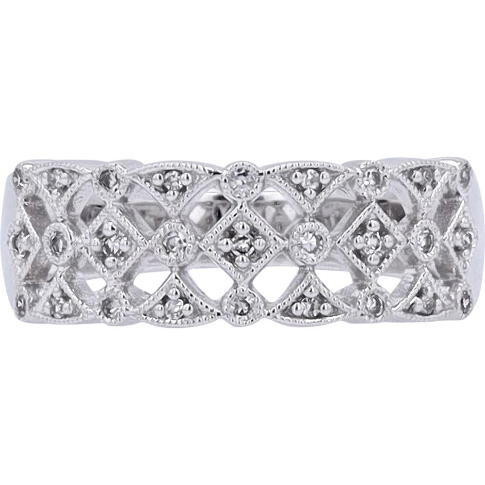 10K White Gold Lattice Band with Milgrain Detailing and 0.12 Carats Diamond Accents