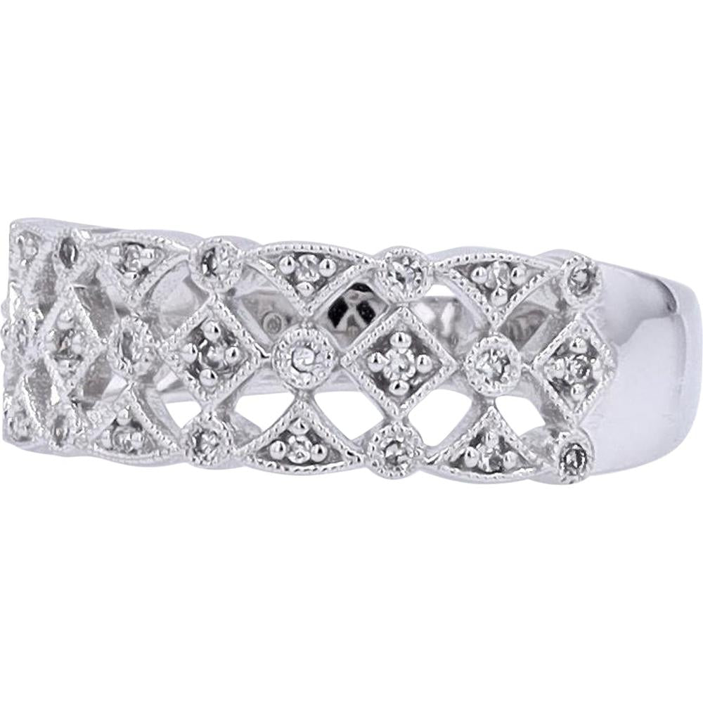 10K White Gold Lattice Band with Milgrain Detailing and 0.12 Carats Diamond Accents
