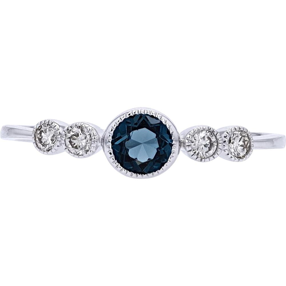 10K White Gold London Blue Topaz Ring with Milgrain Bezel and Diamond Accents - 0.10 Carats Total Diamond Weight