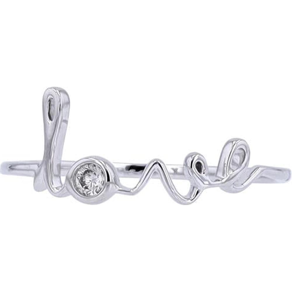 10K White Gold 'Love' Script Ring with Bezel-Set Round Diamond - 0.04 Carat Total Diamond Weight