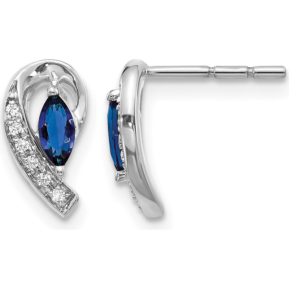 10K White Gold Marquise Sapphire and Diamond Button Earrings with Rhodium Plating - 0.16 Carat Sapphire Total Weight by Monteluci Fine Jewelry