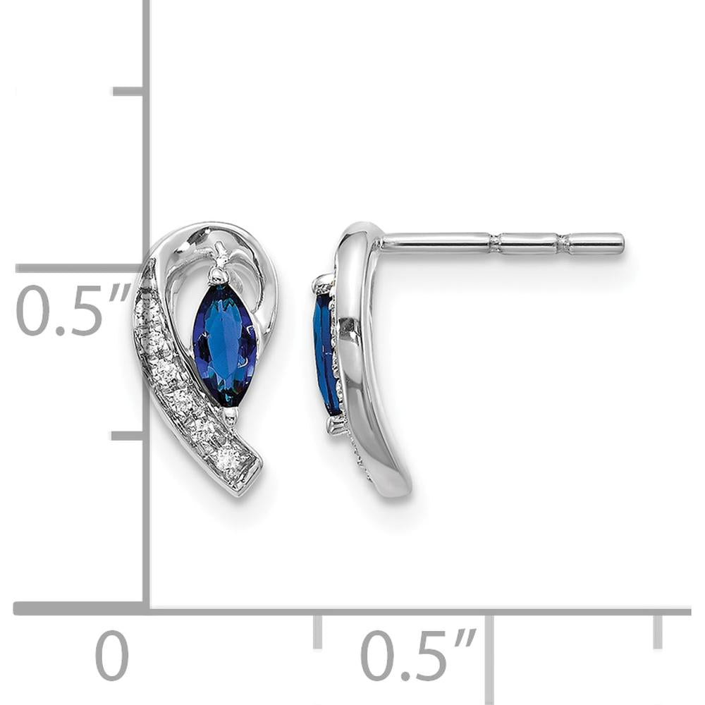 10K White Gold Marquise Sapphire and Diamond Button Earrings with Rhodium Plating - 0.16 Carat Sapphire Total Weight by Monteluci Fine Jewelry