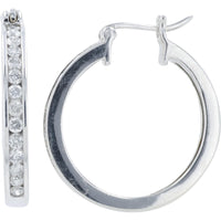 10K White Gold Medium Diamond Hoop Earrings with Hinged Snap-Back Closure and Channel-Set Round Diamonds - 0.50 Carat Total Diamond Weight