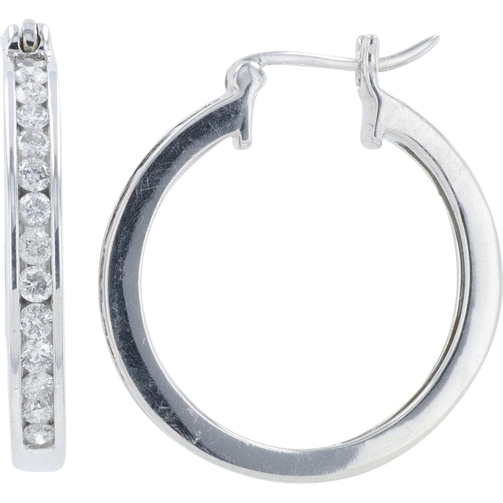 10K White Gold Medium Diamond Hoop Earrings with Hinged Snap-Back Closure and Channel-Set Round Diamonds - 0.50 Carat Total Diamond Weight