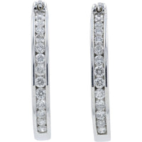 10K White Gold Medium Diamond Hoop Earrings with Hinged Snap-Back Closure and Channel-Set Round Diamonds - 0.50 Carat Total Diamond Weight