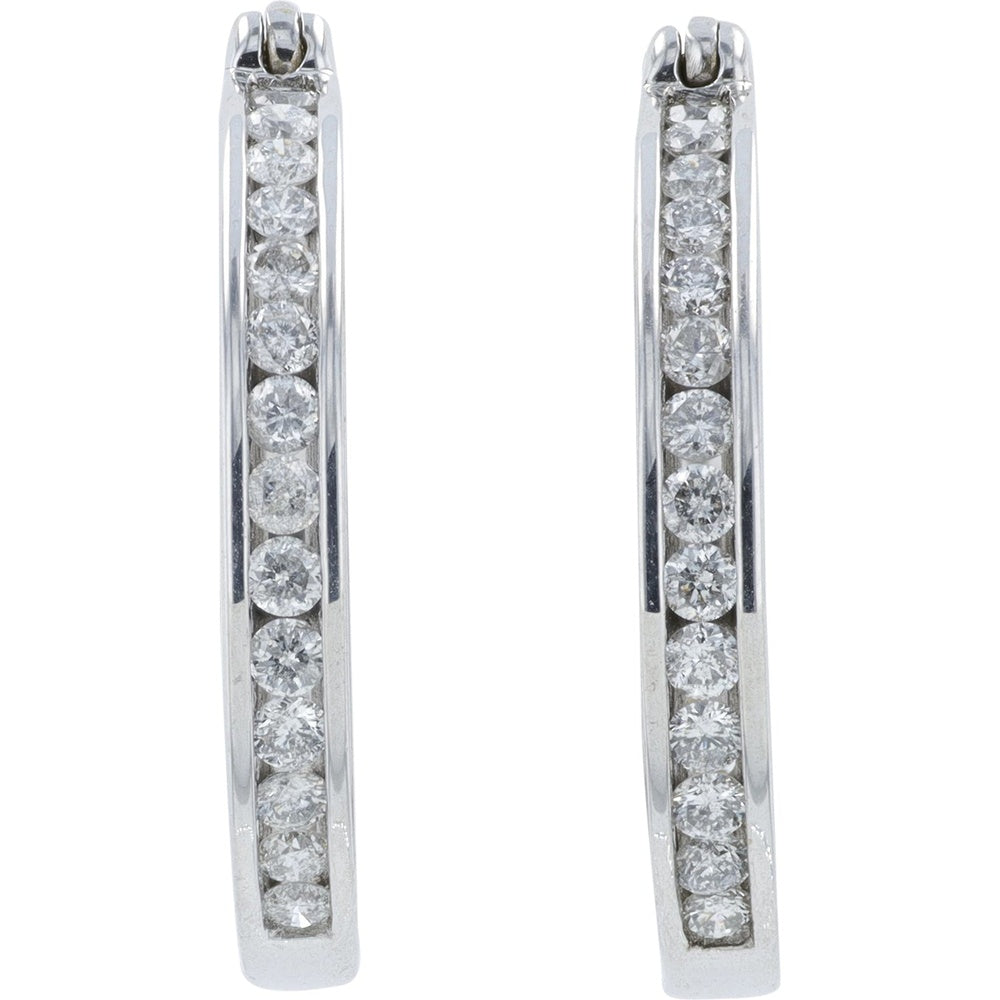 10K White Gold Medium Diamond Hoop Earrings with Hinged Snap-Back Closure and Channel-Set Round Diamonds - 0.50 Carat Total Diamond Weight