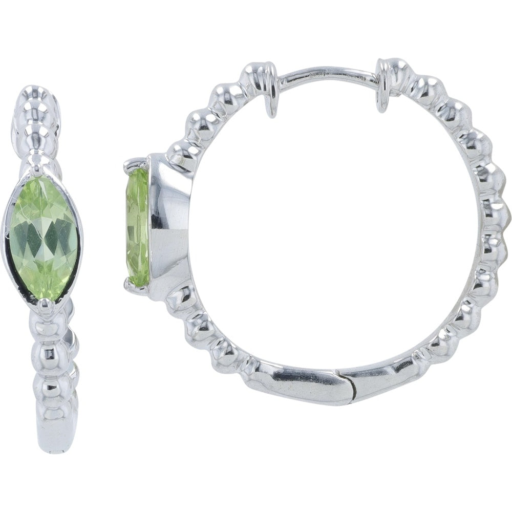 10K White Gold Medium Hoop Earrings with Beaded Milgrain Detail and Marquise Cut Peridot - 0.30 Carat Total Gem Weight
