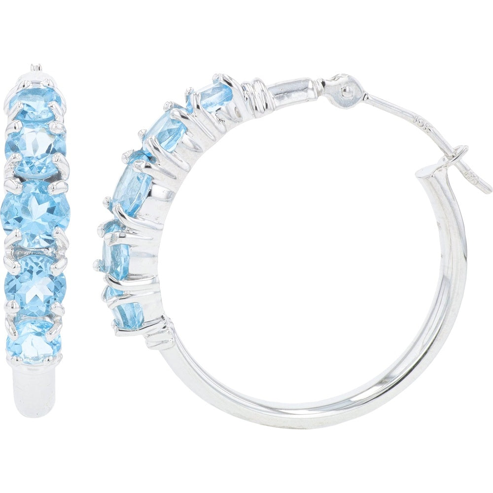 10K White Gold Medium Hoop Earrings with Shared-Prong Set Round Blue Topaz - 2.00 Carat Total Gem Weight